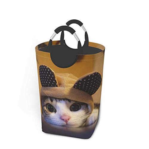 ラブリー 子猫 帽子 ユーモア ランドリーボックス 洗濯バスケット ランドリーかご 洗濯ボックス 収納ボックス 収納バッグ 脱衣かご シンプル 防水取っ手付き 折りたたみ オックスフォード 大容量 32×28×57.5cm