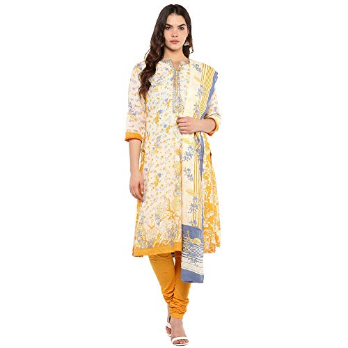 Image of BIBA Women Straight Cotton And Viscose Kurta Narrow Pants Suit Set