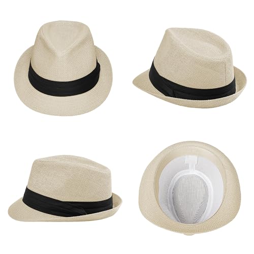 Image of Straw Trilby Fedora Hat for Men Women 1920s Panama Hat Short Brim Summer Beach Sun Hat with Band