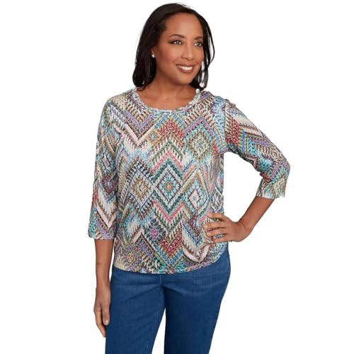 Alfred Dunner Women's Ikat Diamond Detailed Neckline Top