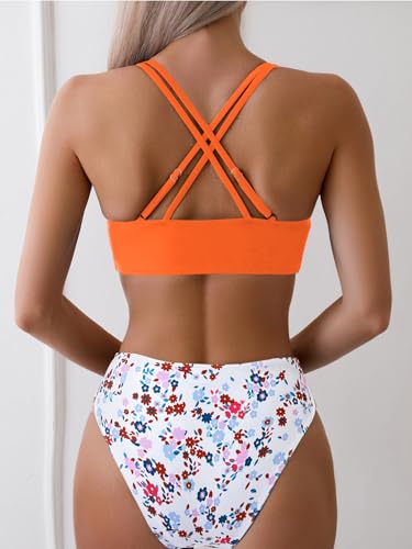 Image of Fanuerg Women's Sexy V Neck Bikini Sets Hollow Out Two Piece Swimsuits Cutout Mid Waist Bathing Suit