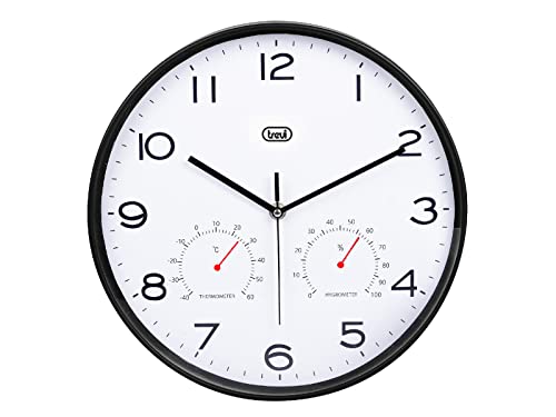 Trevi OM 3510 T Orologio da Parete con Termometro e Igrometro per Temperatura e Umidità, Lancette silenziose, Diametro 30 cm, Design moderno, Formato rotondo, Nero