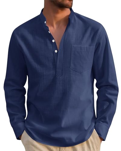 J.VER Men's Fashion Linen Shirt Long Sleeve Regular Fit Casual Summer Beach Cotton Henley Shirt with Pocket Navy Blue L