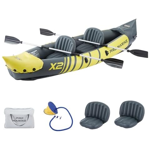 PROMARINE Inflatable Kayak Set Blow up Kayak Foldable Paddle Boat with Aluminum Oars, Adjustable Seat, Foot Pump for 2 Person, Yellow Cover