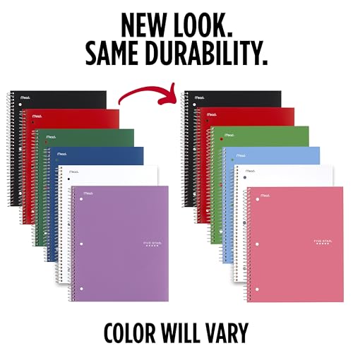Image of Five Star Spiral Notebook + Study App, 1 Subject, College Ruled Paper, 8.5 inch x 11 inch, 100 Sheets, Assorted Colors, 6 Pack (38052)