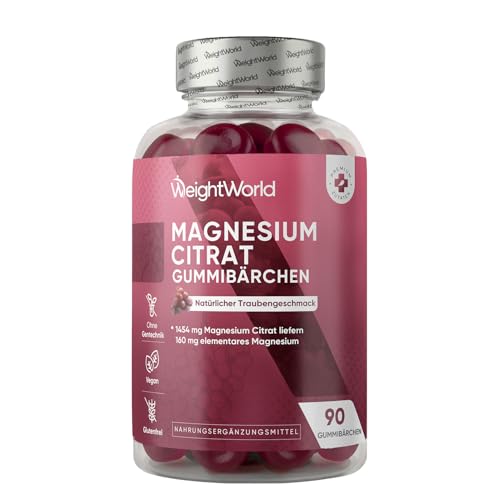 Magnesiumcitrat Gummies - 90 vegane Gummibärchen - 1454 mg Magnesium Citrate liefert 160 mg elementares Magnesium - Natürlicher Traubengeschmack - 45 Tage Vorrat - WeightWorld