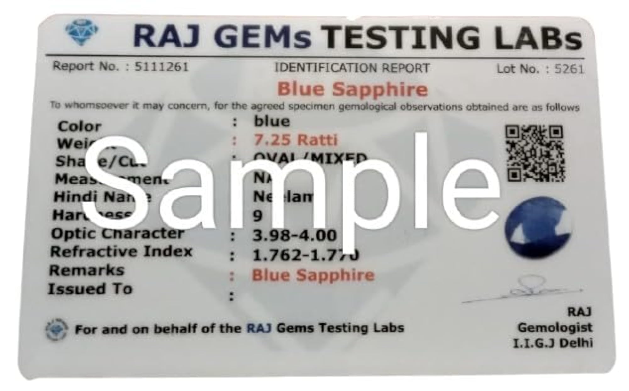 Natural Blue Sapphire Gemstone, Certified 9.25 Ratti