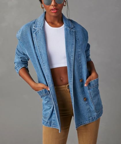 chouyatou Women's Fall Business Casual Denim Blazer Suit Loose Office Boyfriend Jean Jacket3