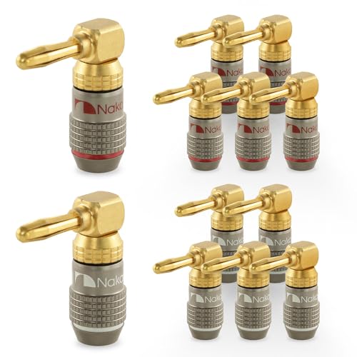 Image of Nakamichi FanLock Excel Series 24k Gold Plated Right-Angle 90 Degree Banana Plug 10 AWG - 18 AWG Gauge Size 4mm for Speakers Amplifier Hi-Fi Home Theatre Wire Cable Quick Connector, 12 Pcs (6-Pairs)