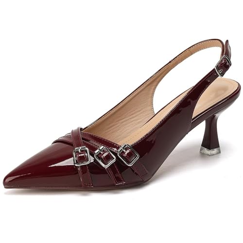 Heeled Slingback Kitten Heels for Women Closed Pointed Toe Pumps with Buckles for Dating Party Working