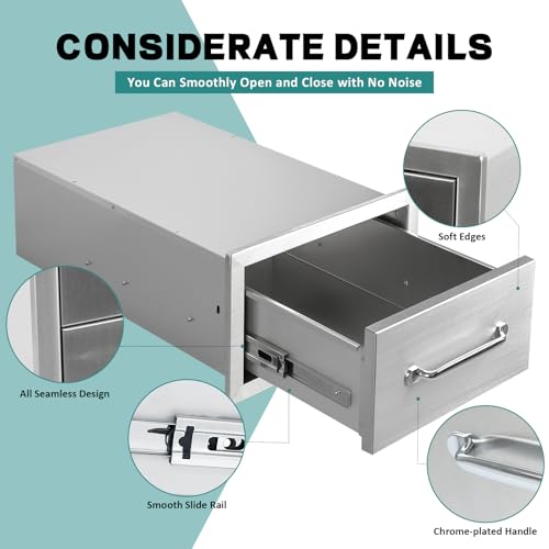 Image of Outdoor Kitchen Drawers 14 inch W x 8.5 inch H x 23 inch D Stainless Steel Drawer BBQ Single Drawers with Chrome Handle for Outdoor Kitchen Island, Patio Grill Station