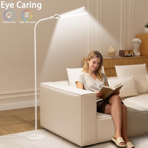 Image of SIBRILLE LED Floor Lamp, 24W Dual Head Dimmable Standing Lamp with Remote & Touch Control, Adjustable Gooseneck, 3000K-6500K Modern Reading Lamp for Living Room, Bedroom, Office & Crafts