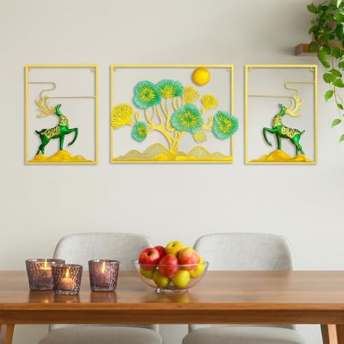 Image of SHREE 'O' GREEN TECH - Handcrafted Metal Set Of 3 Golden Deer Wall Art Leaf Frame Showpiece Multicolor Decor for Home, Living Room, Drawing Room & Bedroom Decor