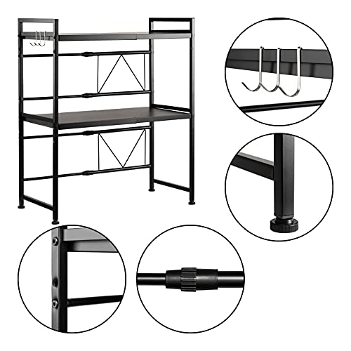 Abocofur Expandable And Height Adjustable Microwave Oven Rack, 3-Tier Metal Kitchen Counter Toaster And Rice Cooker Stand, Heavy Duty Tableware Storage Shelf With 3 Hooks, 15.7"-25.2"(L), Black #TOP2