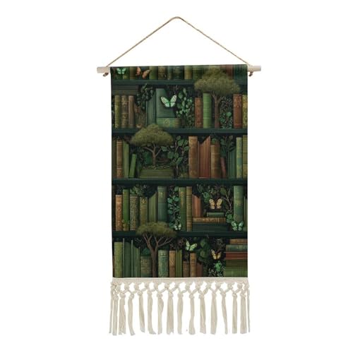Jubonexis Arazzo da parete in lino, libreria magica verde e marrone, poster vintage da parete con nappe e asta in legno