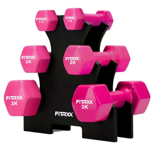 Image of Fitrxx Vinyl Dumbbells With Stand | Men and Women | Non-Slippery Dumbbell for Home and Gym | Full Body Workout (Pink, 1 kg, 2 kg, 3 kg = 12 Kg)
