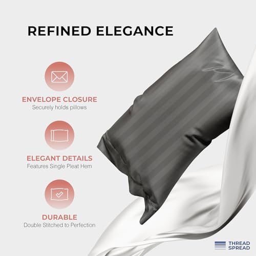 Image of THREAD SPREAD Egyptian Cotton Sheets King Size - 1200 Series Plush Collection Damask Sheet Set Egyptian Cotton (4 PC, Dark Grey Stripe), Luxury Sheet King Size, Soft, Cooling Deep Pocket Sheets