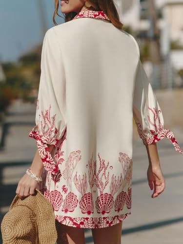 Image of CUPSHE Women Mini Summer Dress Cover Up Oversize Floral Shirt 3 /4 Sleeve Cuff Tie Button Down Beach Dresses Cover Up Top