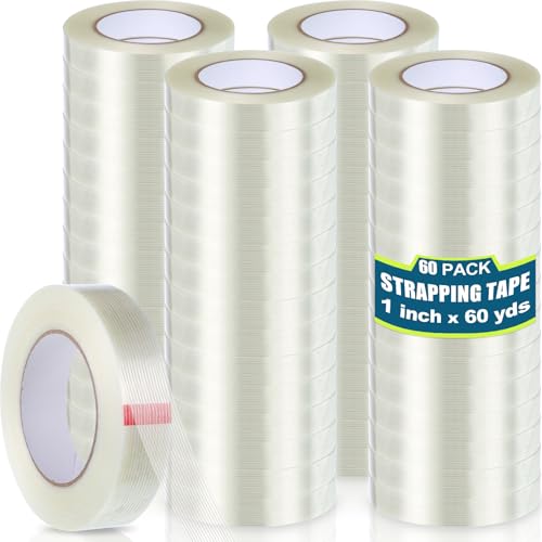 Image of Treela 60 Rolls 1 Inch x 60 Yards Filament Strapping Tape 5.5 Mil Transparent Reinforced Fiberglass Heavy Duty Packing Shipping Tape for Sealing Binding Fixing