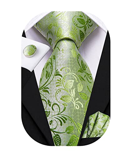 Hi-Tie Herren Krawatte Schwarz Paisley/Plaid/Streifen/Einfarbig Krawatten Set Einstecktuch Manschettenknöpfe Business Formal Hochzeit Meeting Geschenkbox,B-hellgrün