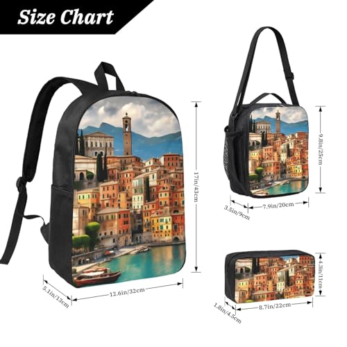 beautiful Italy print Shoulder Bookbags Lunch Bag and Pen Case 17 inches Backpack with Lunch Box, Cute Bookbag Set4