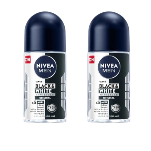 NIVEA Men Roll-On Deodorant Invisible Black & White Original 72H Anti-Perspirant Protection Fights Sweat & Body Odor No White or Yellow Marks on Clothes Long-Lasting Freshness 25ml Pack of 2