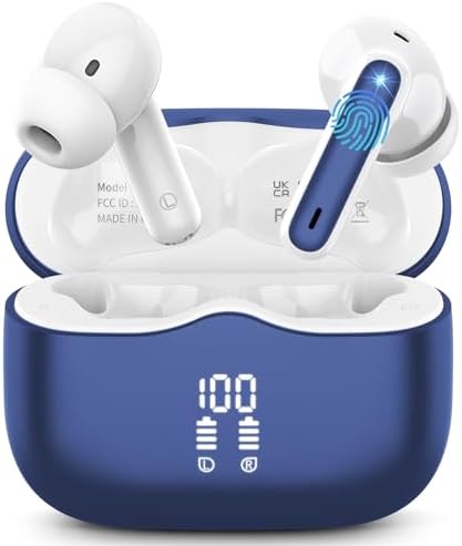 Wireless Earbuds, 2025 Bluetooth 5.4 Ear Buds in Ear with 4 ENC Noise Cancelling Mic, New Wireless Earphones HiFi Stereo Deep Bass 40H Playtime, In-Ear Bluetooth Earbuds LED Display IP7, Dark Blue
