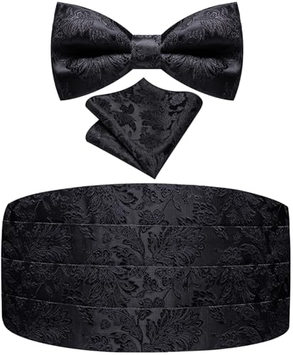 Image of Paisley Floral Tuxedo Cummerbund Bow Tie Pocket Square Set for Men | 3-piece set:cummerbund,bow tie&pocket square.Adjustable back for comfort.Silk blend,wedding,proms,black tie&formal events.