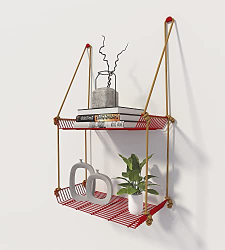 Image of Meshable Weebill 2-Tier Wall Hanging Metal Wall Shelf with Jute Rope, Home Decor Wall Shelves and Storage Racks with Elegant Design Ideal for for Balcony and Terrace, Standard Size - Red