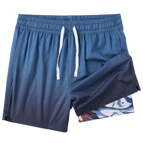 Image of XOMZG Men's Swim Trunks, 2 in 1 Bathing Suits Quick Dry Beach Hawaiian Board Shorts with Pockets