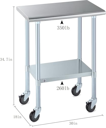 Image of ROCKPOINT Stainless Steel Table for Prep & Work with Caster Wheels 18x30 Inches, NSF Metal Commercial Kitchen Heavy Duty Table with Adjustable Under Shelf and Table Foot for Restaurant, Home and Hotel