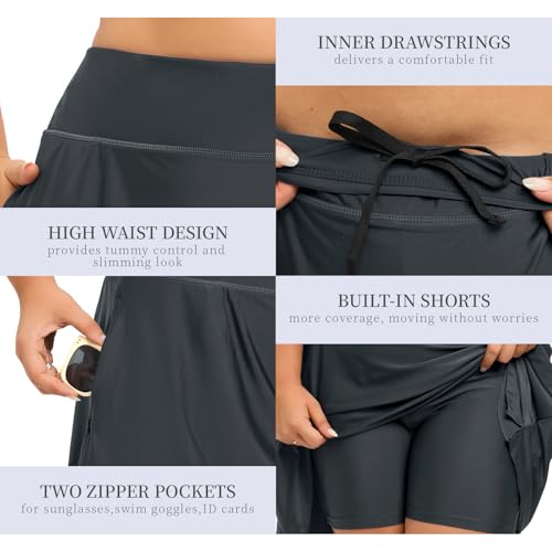 Women Plus Size Swim Skirt with Shorts High Waisted Swimming Skort Bathing Suit Skirts Bottoms Zipper Pockets4