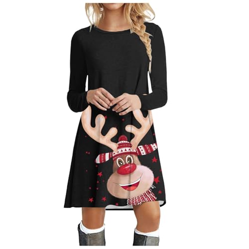 Kleid Weihnachten Damen Elegant Weihnachtskleid Langarm Weihnachts Pulloverkleid Druck Christmas Dress Vintage Partykleid Festliches Kleider (M)