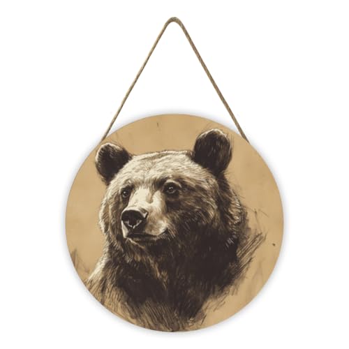 Honozo Bear Art Wood Circle Sign 8x8 Inch, Nice Wooden