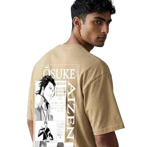 Image of Yume Men's Oversized Aizen Sosuke Anime Printed T-Shirt | 240 GSM Cotton Crew Neck Tee | Lavender & Black Beige Dual-Tone | Bleach Villain Merch | Long Length Drop Shoulder Streetwear (Black)