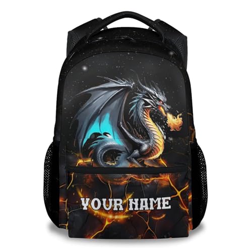 PUREGIFTS Custom Dragon Backpacks for Kids Boys, 17 Inch Cool Backpack for Primary School, Black Lightweight Durable Bookbag for Student