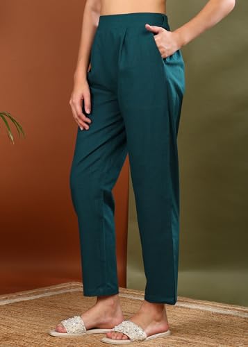 Image of Yash Gallery Women's Regular Fit Mid Rise Solid Cotton Slub Ankle Length Regular Trouser Pant