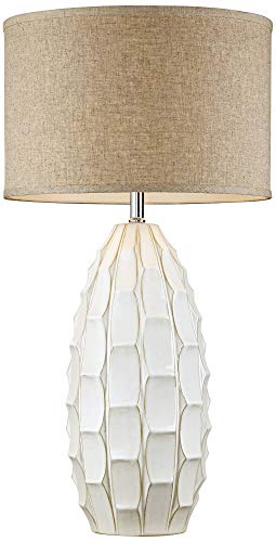 Possini Euro Design Cosgrove Mid Century Modern Coastal Table Lamp With Table Top Dimmer 32.75" Tall White Glazed Ceramic Beige Fabric Drum Shade For Living Room Bedroom House (Colors May Vary) #TOP5