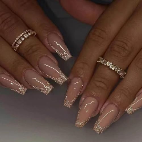 Long Press on Nails Square French Fake Nails Full Cover Nude Acry...