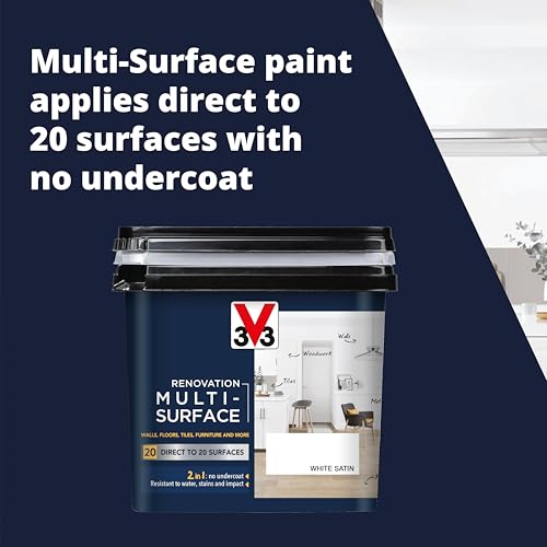 V33 Renovation Multi-Surface Paint - No Undercoat Needed - Over 20 Surfaces - Resistance To Water Stains & Impact - High Coverage - Porcelain Grey Satin 750ml