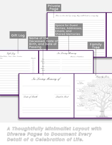Image of Funeral Guest Book for Memorial Service, in Loving Memory 9x7.5 | 320 Entries, Table Sign Card Included, Gold Stamping, Twill-Textured Paper Cover, Celebration of Life Keepsake, Purple