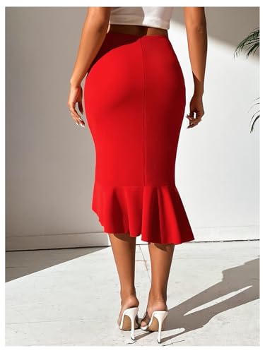 WDIRARA Women's Ruffle Fishtail Bodycon Skirt High Waisted Asymmetrical Hem Midi Skirts2