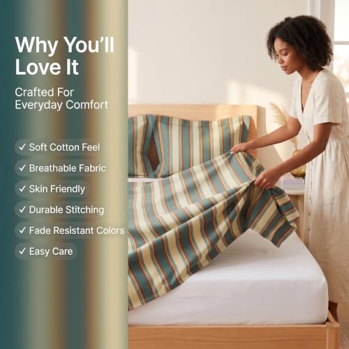 Image of BSB HOME 240 TC Cotton Feel Bedsheet with 2 Pillow Covers, Soft & Breathable Printed Double Bed Sheet for Bedroom, Fade Resistant & Easy Care - 90 x 100 Inches (228 x 254 cm) - Ochre Stripe