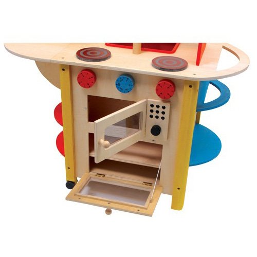 Kinderküche aus Holz mit ausklappbarer Theke, Spielspaß auf beiden Seiten, mit Waschmaschine sowie Herd und Ofen – Bild 8