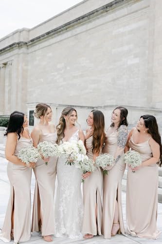 Sevintage Satin Slip Bridesmaid Dresses for Women Spaghetti Strap Long Fitted Prom Formal Evening Gown Slit4