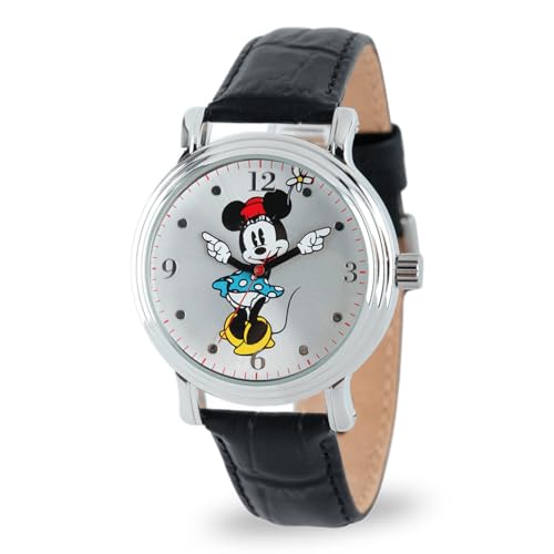 Disney Full Color Minnie Mouse Watch for Women, Black Leather Strap, Silver Dial & Case, Stylish Minnie Mouse Watches for Women, Perfect Watch, Elegant & Fun Timepiece Any Fan