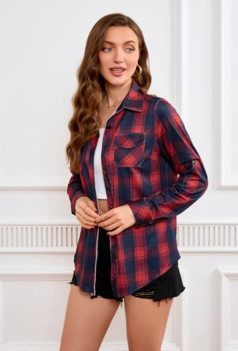 KOMANA Women's Roll Up Stretchy Knit Plaid Shirts Button Down Long Sleeve Blouses for Women Tops4