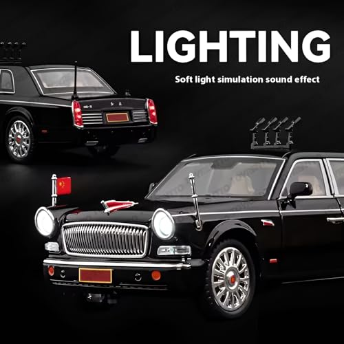 Image of 1:24 Scale Black Hongqi Limousine Diecast Model Car - Alloy Body, Opening Doors, Light & Sound, Pull Back Toy with Built-in Engine & Realistic Interior for Kids and Collectors