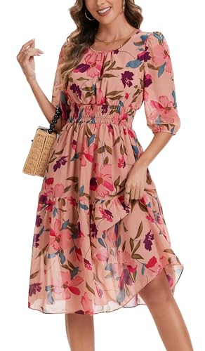 Image of Kormei Women Casual Boho Floral Round Neck 3 /4 Sleeve Smocked Waist Tiered A Line Flowy Swing Midi Dress Long Dresses