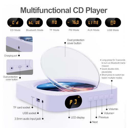 MICOCIOUS Portable CD Player with Bluetooth Desktop CD Player for Home CD Music Players with Remote Control,Timer,Built-in Dual Speakers with LED Display Home Audio Boombox FM Radio (Purple)